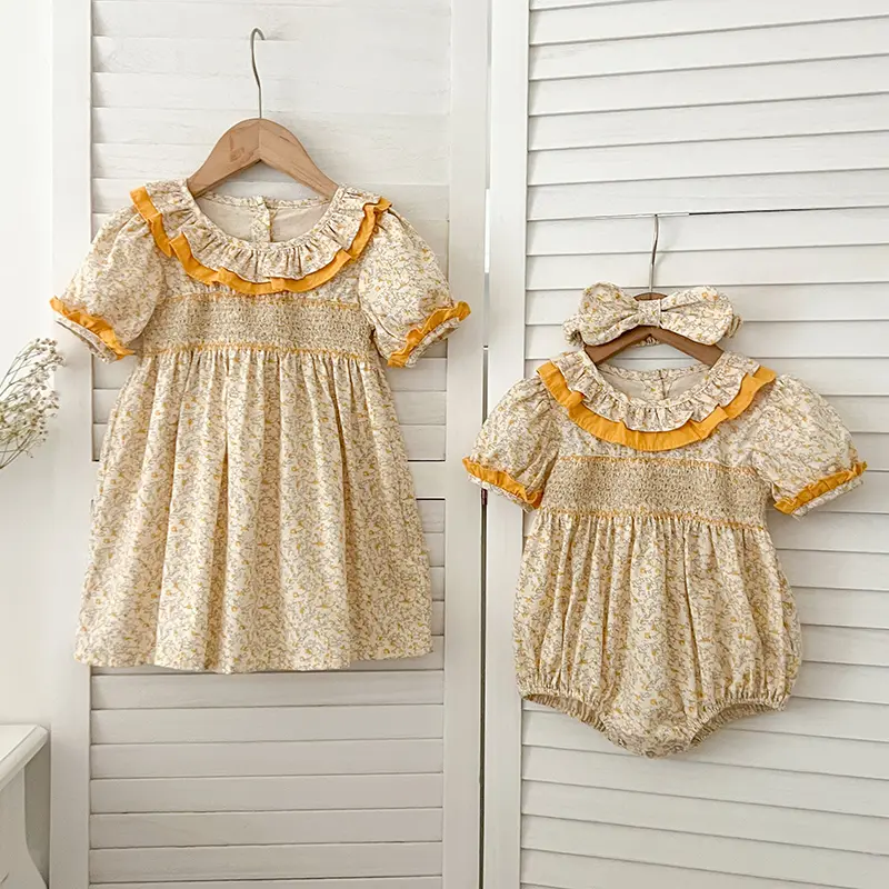 Famil Matching Sister Outfit Summer Baby Girl Clothes Ruffled Collar Lace Flower Girls Dress Cotton Baby Romper Princess Dress