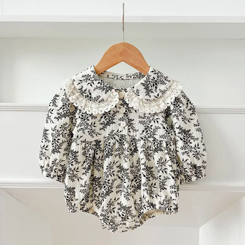 Baby Girl Floral Jumpsuit 0-24M Baby Jumpsuit Full Sleeve Lace Princess Romper Lapel Vintage Style Newborn Kids Casual Jumpsuit