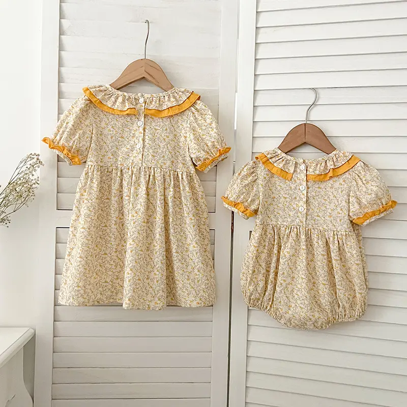 Famil Matching Sister Outfit Summer Baby Girl Clothes Ruffled Collar Lace Flower Girls Dress Cotton Baby Romper Princess Dress