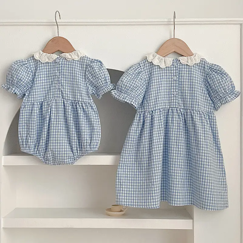 Baby Sister Clothes Summer Baby Girl Clothes Blue Plaid Dress Ruffled Collar Baby Girl Romper One Piece Sister Clothes Dress
