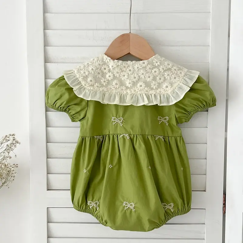 0-24M Baby Girl Clothing Toddler Girls Jumpsuit New Summer Short Sleeved Jumpsuit Cotton Embroidery Splicing Infant Bodysuits