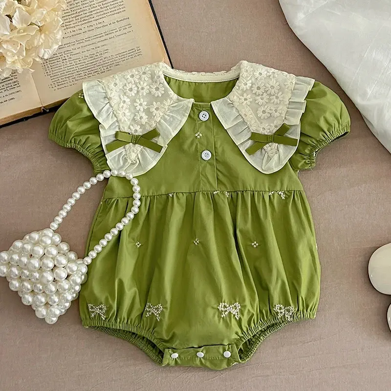 0-24M Baby Girl Clothing Toddler Girls Jumpsuit New Summer Short Sleeved Jumpsuit Cotton Embroidery Splicing Infant Bodysuits