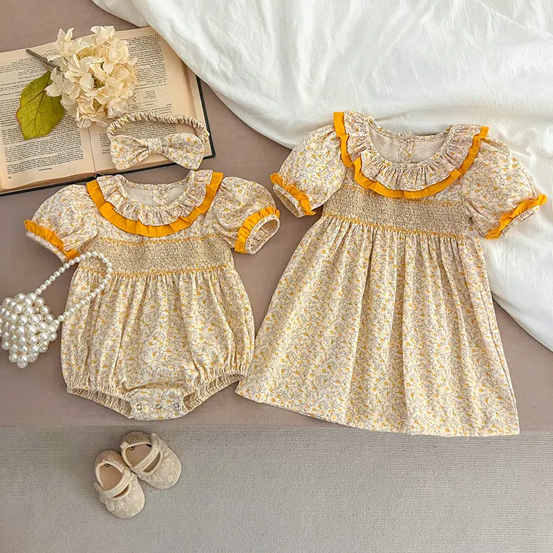 Famil Matching Sister Outfit Summer Baby Girl Clothes Ruffled Collar Lace Flower Girls Dress Cotton Baby Romper Princess Dress