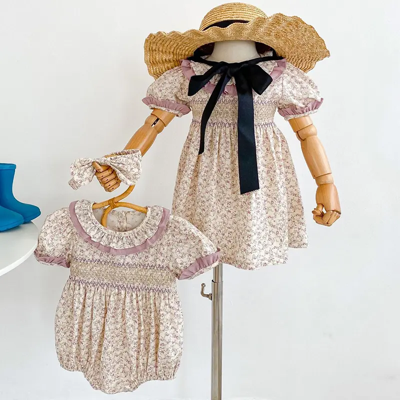 New Kids Party Dress Sisters Clothes Summer Sisters Girls Princess Dress Children Clothing Puff Sleeve Purple Flowers Bodysuits