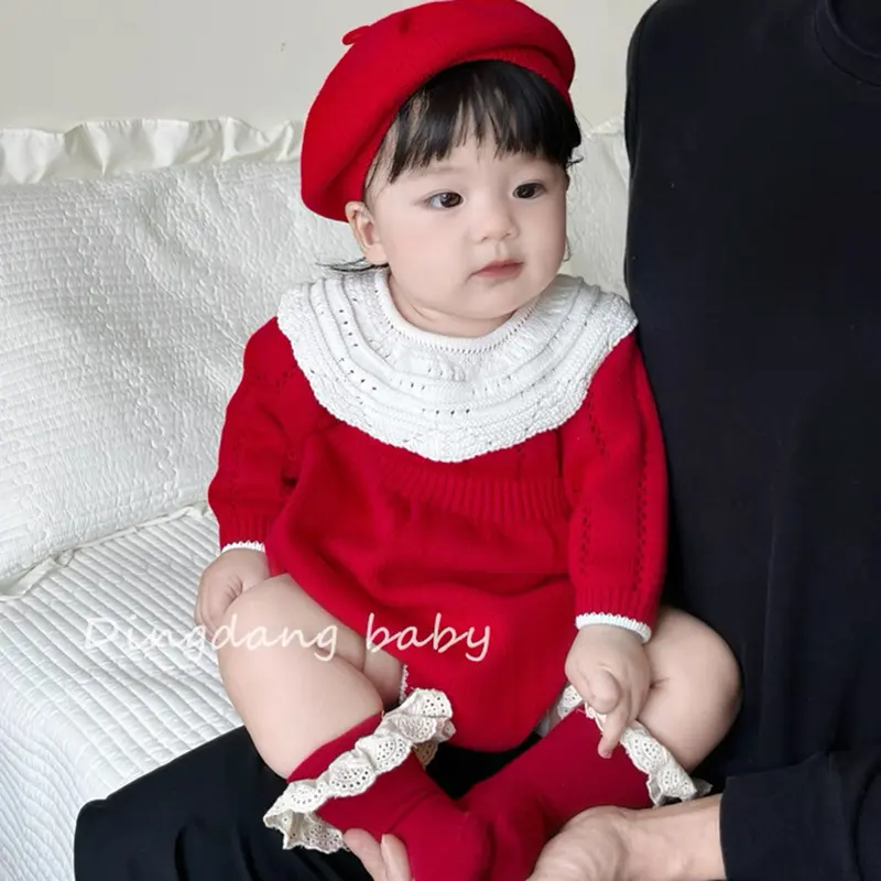 New Baby Girls Knitted Bodysuit Red Christmas Rompers Newborn New Year Solid Ruffled Jumpsuit Outfit Baby Spring Autumn Clothing