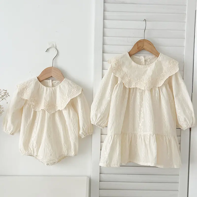 Autumn Sisters Clothes Girls Princess Dress Big Ruffled Collar Dress Cotton Embroidery Kids Party Dresses Toddler Baby Bodysuits