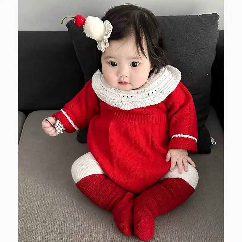 New Baby Girls Knitted Bodysuit Red Christmas Rompers Newborn New Year Solid Ruffled Jumpsuit Outfit Baby Spring Autumn Clothing