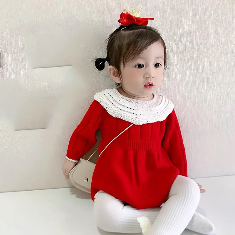 New Baby Girls Knitted Bodysuit Red Christmas Rompers Newborn New Year Solid Ruffled Jumpsuit Outfit Baby Spring Autumn Clothing