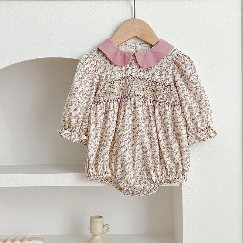 New Baby Girls Rompers Spring Newborn Clothing Infant Baby Girls Romper Lapel Floral Rompers Kids Onepiece Fashion Baby Clothing