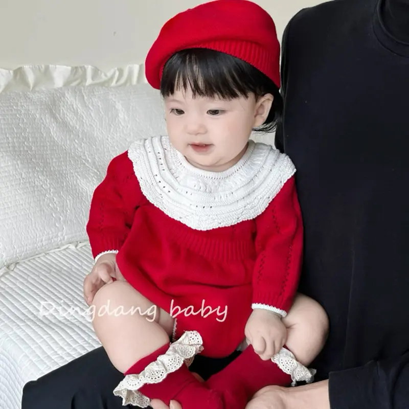New Baby Girls Knitted Bodysuit Red Christmas Rompers Newborn New Year Solid Ruffled Jumpsuit Outfit Baby Spring Autumn Clothing