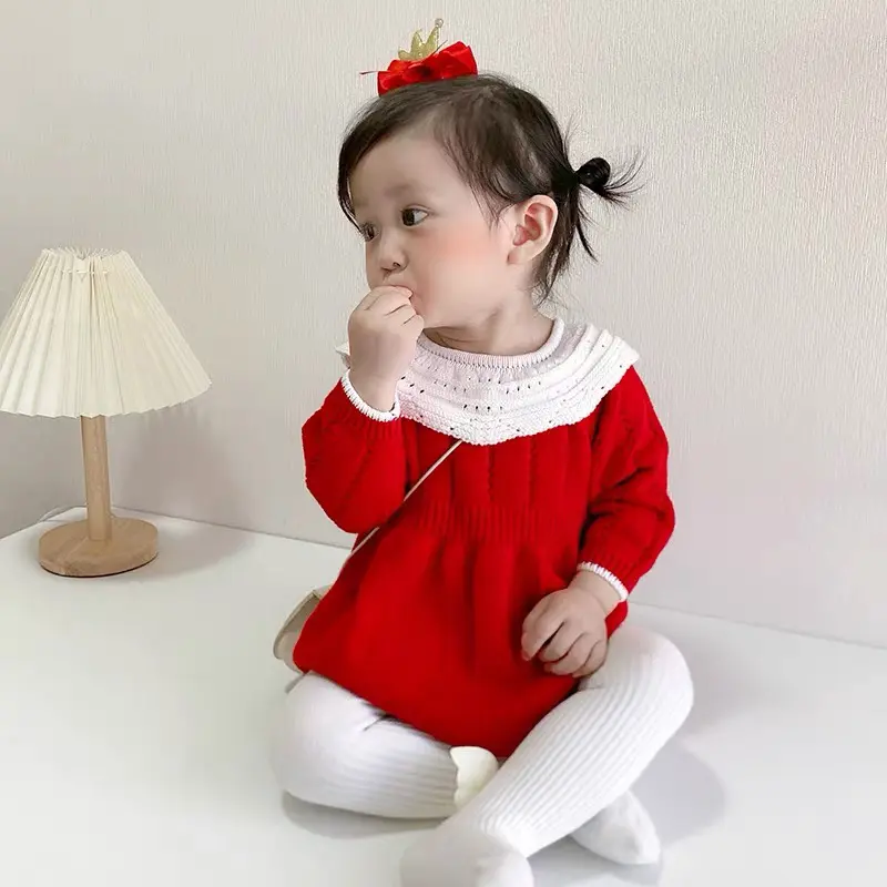 New Baby Girls Knitted Bodysuit Red Christmas Rompers Newborn New Year Solid Ruffled Jumpsuit Outfit Baby Spring Autumn Clothing