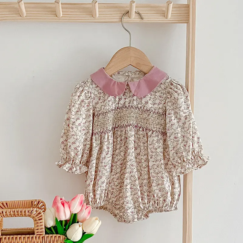 New Baby Girls Rompers Spring Newborn Clothing Infant Baby Girls Romper Lapel Floral Rompers Kids Onepiece Fashion Baby Clothing
