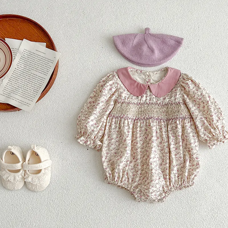 New Baby Girls Rompers Spring Newborn Clothing Infant Baby Girls Romper Lapel Floral Rompers Kids Onepiece Fashion Baby Clothing