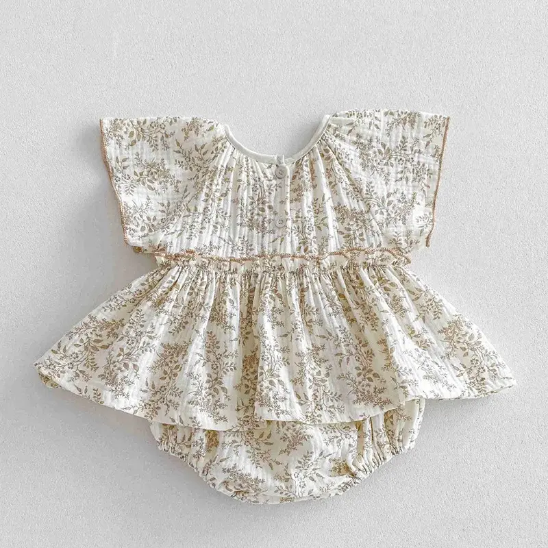 2025 Summer Jumpsuit 0-24M Infant Baby Girls Bodysuits Children Clothes Flying Sleeve Cotton Print Toddler Baby Girls Jumpsuit