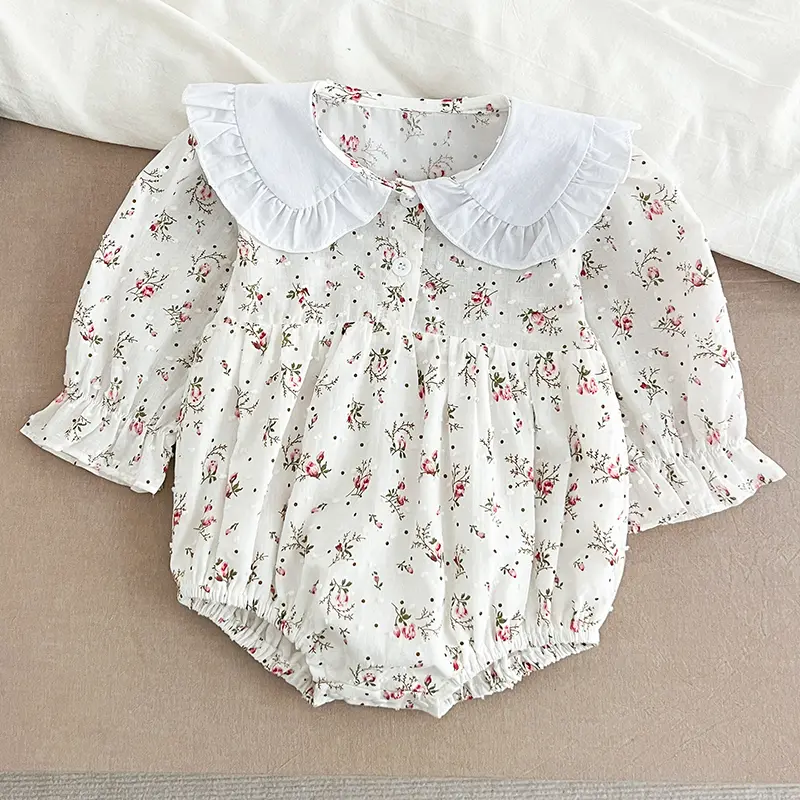 2025 Newborn Bodysuit Fashion Baby Romper Lace Peter Pan Collar Princess Bow Romper Flower Infant Girl Jumpsuit 0-2Yrs Clothes