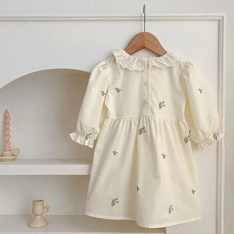 Girls Puff Sleeved Birthday Party Dress Autumn Kids Dress Vestidos Cotton Children Elegant Embroidered Flowers Dresses Clothes