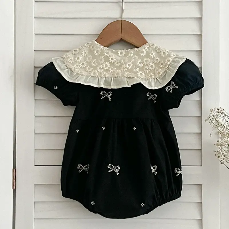 2025 New Summer Newborn Baby Girl Romper 0-24M Baby Girl Clothing Lace Collar Cotton Embroidery Bow Toddler Baby Girls Jumpsuit