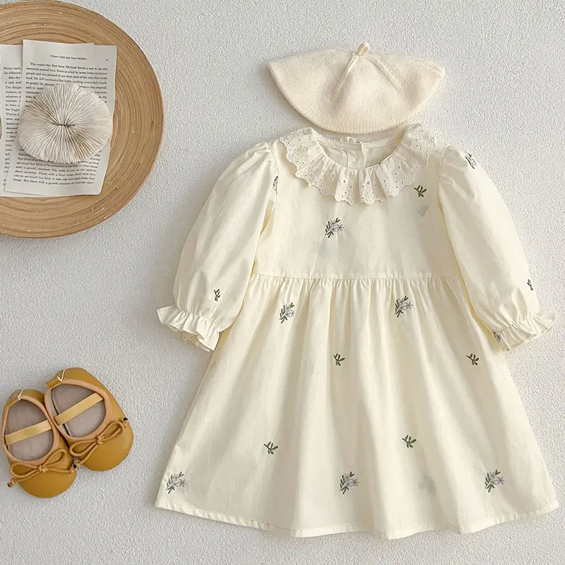Girls Puff Sleeved Birthday Party Dress Autumn Kids Dress Vestidos Cotton Children Elegant Embroidered Flowers Dresses Clothes