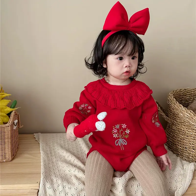 2025 Autumn Baby Girls Clothes Bodysuit Toddler Fine Knit One Piece Embroidery Romper Baby Sweater Jumpsuit Newborn Knit Clothes