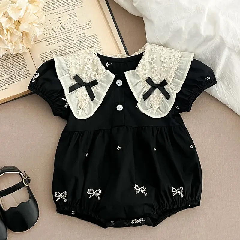 2025 New Summer Newborn Baby Girl Romper 0-24M Baby Girl Clothing Lace Collar Cotton Embroidery Bow Toddler Baby Girls Jumpsuit