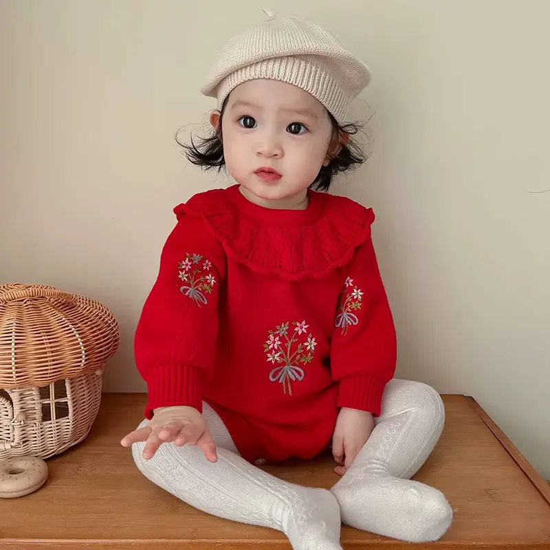 2025 Autumn Baby Girls Clothes Bodysuit Toddler Fine Knit One Piece Embroidery Romper Baby Sweater Jumpsuit Newborn Knit Clothes