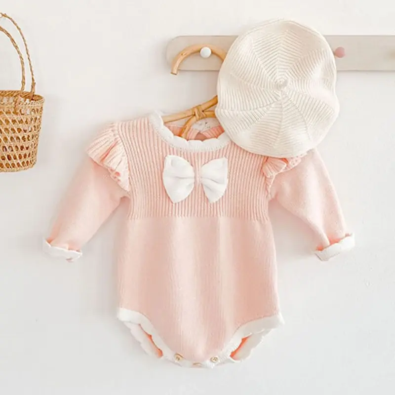 Autumn Infant Baby Girl Sweet Embroider Knit Jumpsuit s Pink Bow Princess Rompers Spring Newborn Kids Baby Girls Clothes Rompers