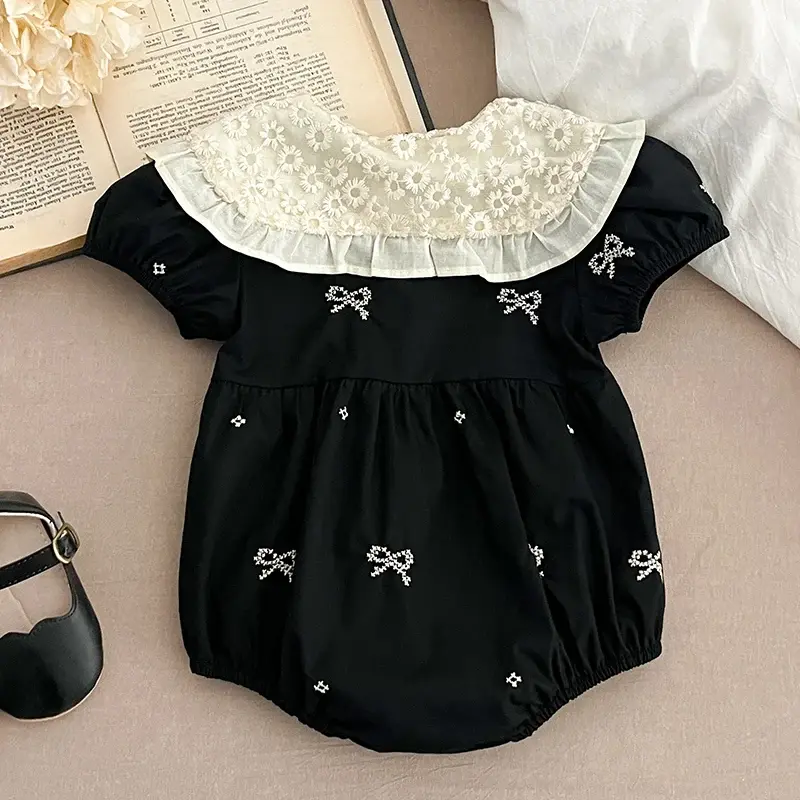 2025 New Summer Newborn Baby Girl Romper 0-24M Baby Girl Clothing Lace Collar Cotton Embroidery Bow Toddler Baby Girls Jumpsuit