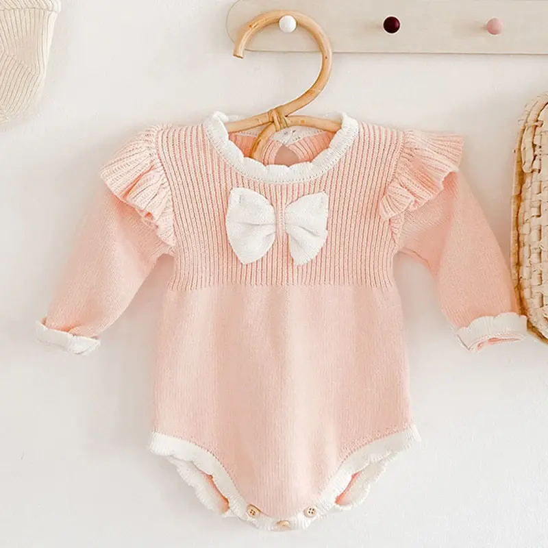 Autumn Infant Baby Girl Sweet Embroider Knit Jumpsuit s Pink Bow Princess Rompers Spring Newborn Kids Baby Girls Clothes Rompers