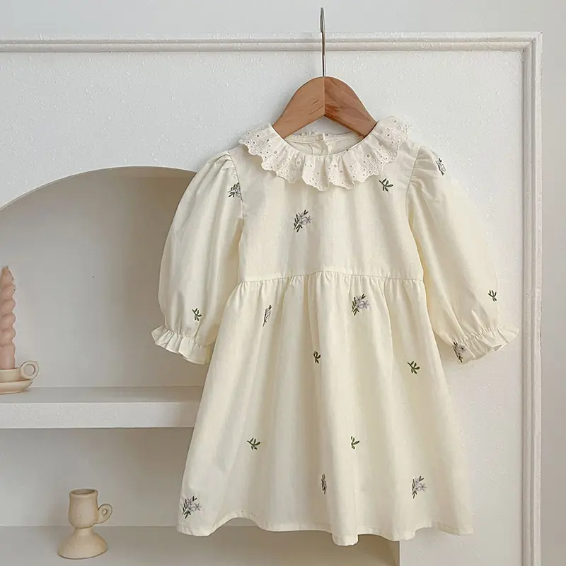 Girls Puff Sleeved Birthday Party Dress Autumn Kids Dress Vestidos Cotton Children Elegant Embroidered Flowers Dresses Clothes