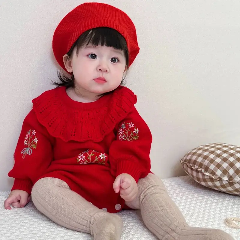 2025 Autumn Baby Girls Clothes Bodysuit Toddler Fine Knit One Piece Embroidery Romper Baby Sweater Jumpsuit Newborn Knit Clothes