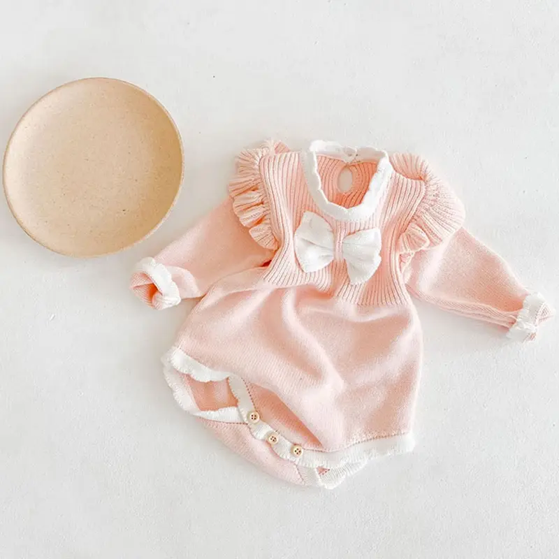 Autumn Infant Baby Girl Sweet Embroider Knit Jumpsuit s Pink Bow Princess Rompers Spring Newborn Kids Baby Girls Clothes Rompers