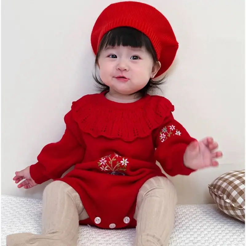 2025 Autumn Baby Girls Clothes Bodysuit Toddler Fine Knit One Piece Embroidery Romper Baby Sweater Jumpsuit Newborn Knit Clothes