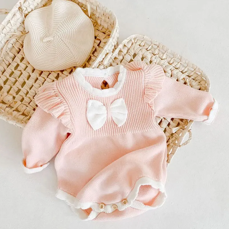 Autumn Infant Baby Girl Sweet Embroider Knit Jumpsuit s Pink Bow Princess Rompers Spring Newborn Kids Baby Girls Clothes Rompers