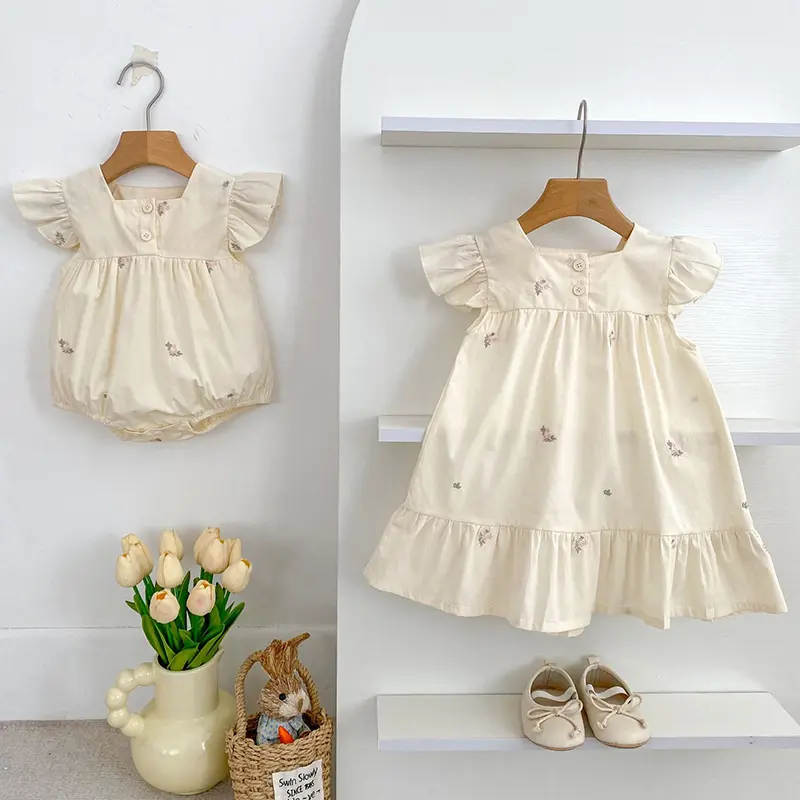 Summer Matching Sister Dress Outfit Baby Girls Clothes Girls Flying Sleeves Dress Embroider Flower Baby Romper Princess Dress