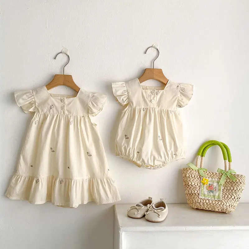 Summer Matching Sister Dress Outfit Baby Girls Clothes Girls Flying Sleeves Dress Embroider Flower Baby Romper Princess Dress