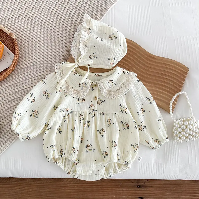 2025 Spring Newborn Infant Baby Girls Romper+Hat 2PCS Lapel Floral Rompers Kids Fashion Baby Clothing Newborn Baby Girl Jumpsuit