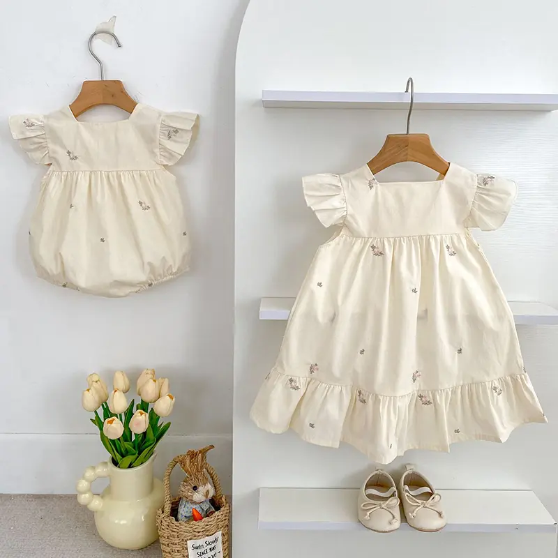 Summer Matching Sister Dress Outfit Baby Girls Clothes Girls Flying Sleeves Dress Embroider Flower Baby Romper Princess Dress