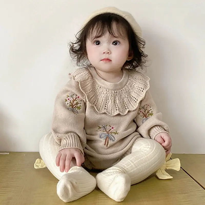2025 Autumn Newborn Jumpsuits Embroidery Children Knitted Clothes Baby Girls Knitted Bodysuits Ruffled Collar Splicing Romper
