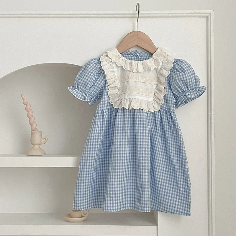 Summer Toddler Baby Girl Dress Ruffles Dress Casual Kids Cotton Lace Blue Plaid A-line Dresses Short Sleeve Children Clothing