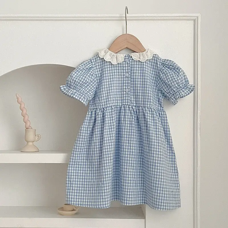 Summer Toddler Baby Girl Dress Ruffles Dress Casual Kids Cotton Lace Blue Plaid A-line Dresses Short Sleeve Children Clothing