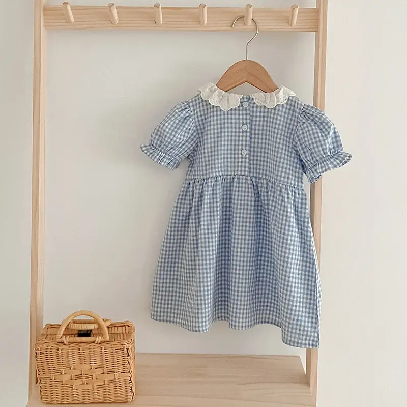 Summer Toddler Baby Girl Dress Ruffles Dress Casual Kids Cotton Lace Blue Plaid A-line Dresses Short Sleeve Children Clothing