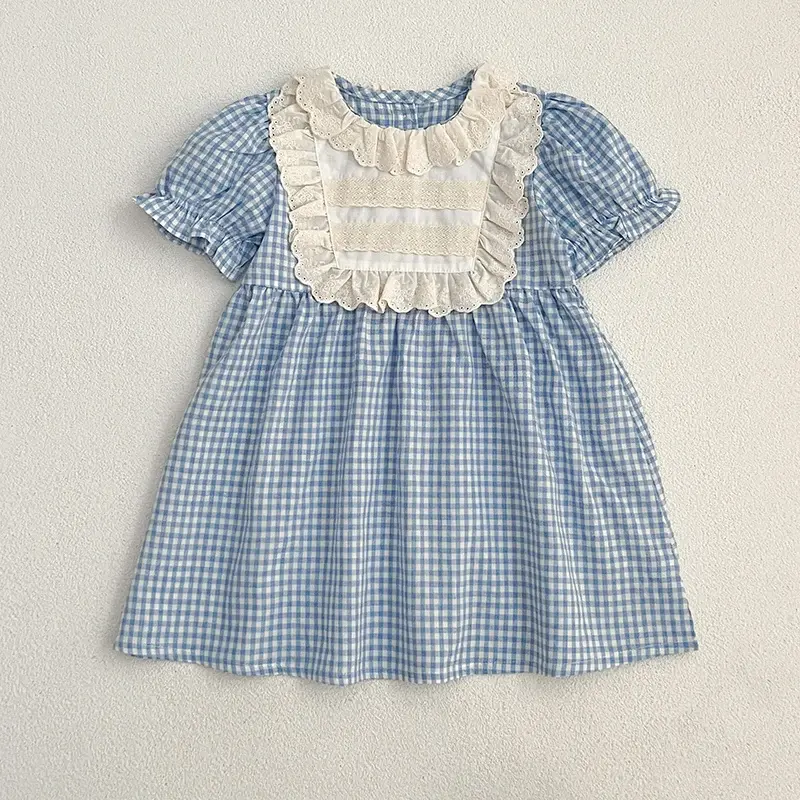 Summer Toddler Baby Girl Dress Ruffles Dress Casual Kids Cotton Lace Blue Plaid A-line Dresses Short Sleeve Children Clothing