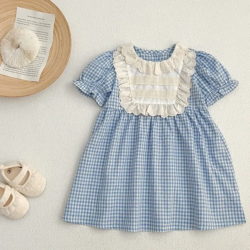 Summer Toddler Baby Girl Dress Ruffles Dress Casual Kids Cotton Lace Blue Plaid A-line Dresses Short Sleeve Children Clothing