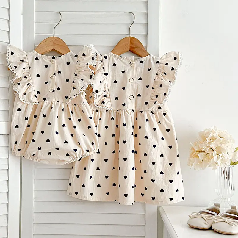 New Summer Baby Girl Clothes Sisters Dress Love Print Girls Dress Cotton Baby Romper Princess Dress Famil Matching Sister Outfit