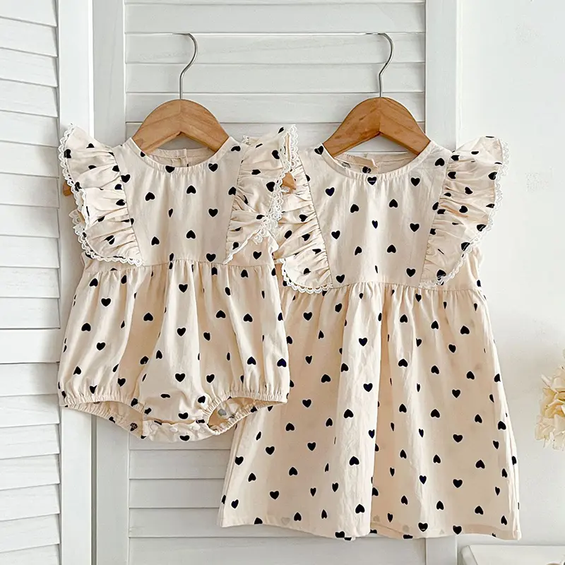 New Summer Baby Girl Clothes Sisters Dress Love Print Girls Dress Cotton Baby Romper Princess Dress Famil Matching Sister Outfit