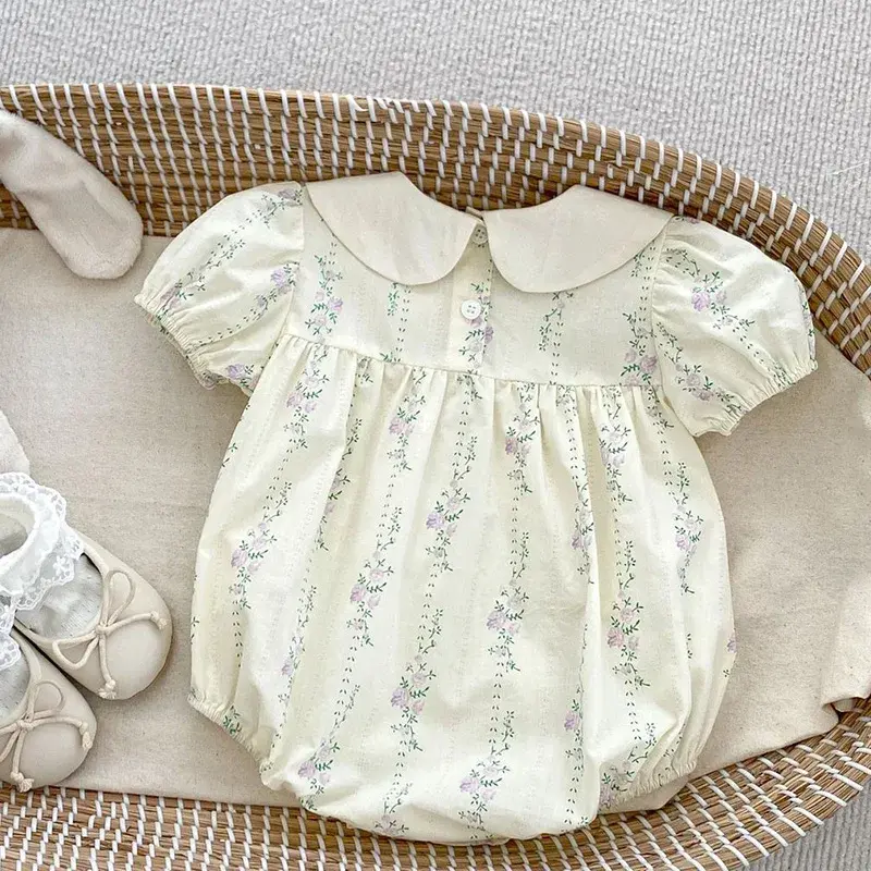 0-24M Baby Girl Clothing 2025 New Summer Newborn Baby Girl Romper Purple Embroidered Flowers Cotton Toddler Baby Girls Jumpsuit