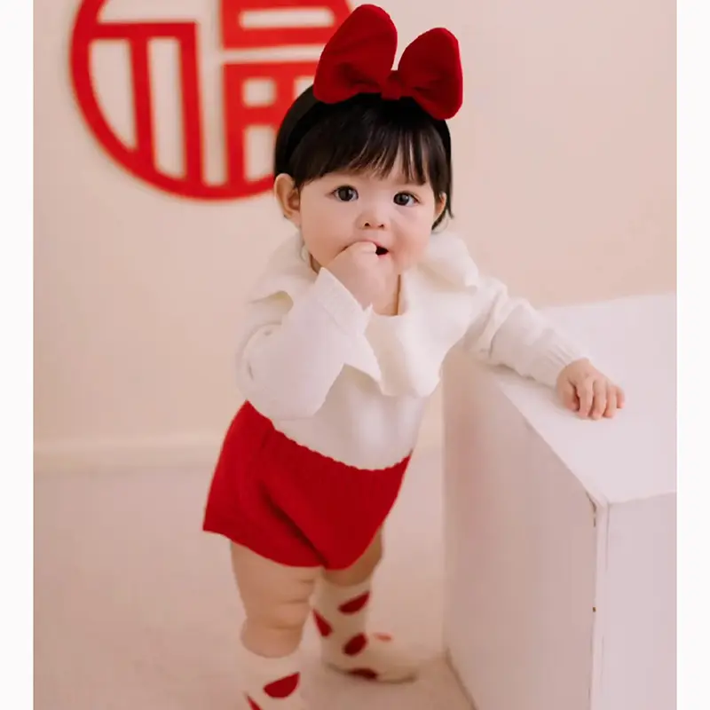 Autumn Kids Romper Red Baby Girl Long Sleeve Knitting Romper Christmas Clothes Newborn Girls Patchwork Jumpsuit Clothes Outfit