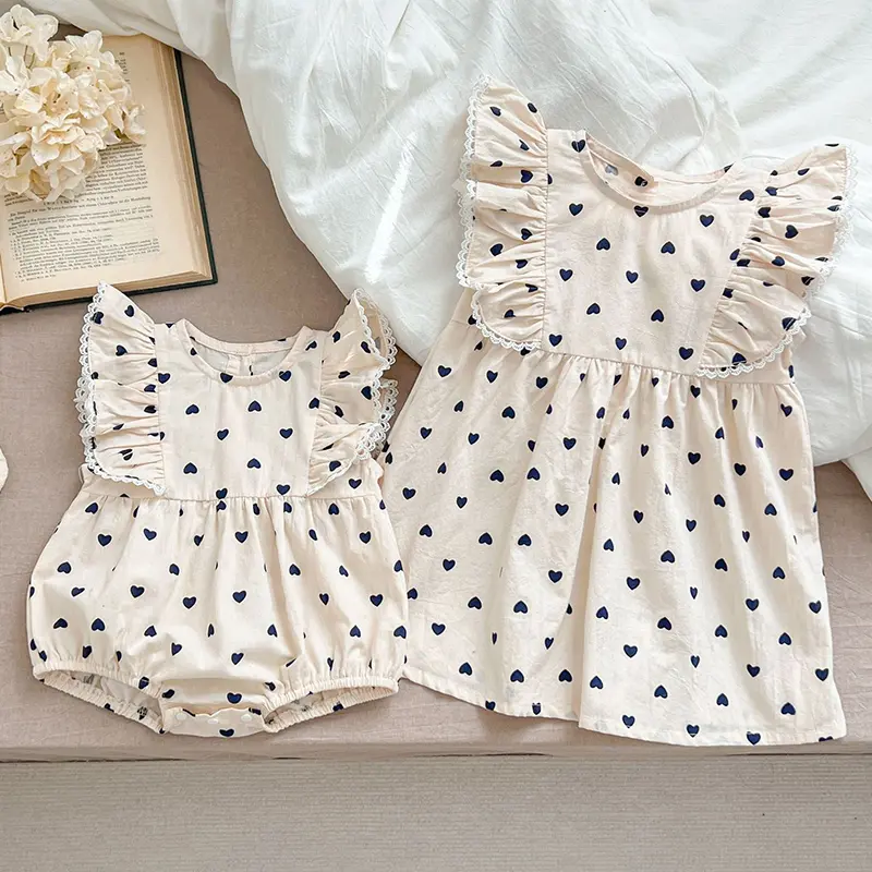 New Summer Baby Girl Clothes Sisters Dress Love Print Girls Dress Cotton Baby Romper Princess Dress Famil Matching Sister Outfit