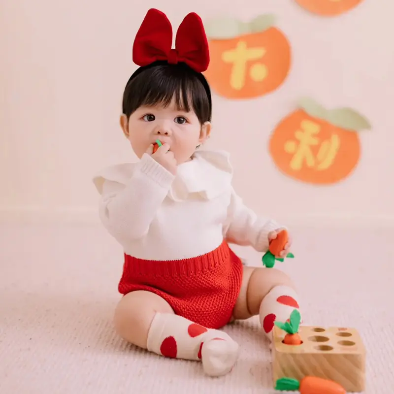 Autumn Kids Romper Red Baby Girl Long Sleeve Knitting Romper Christmas Clothes Newborn Girls Patchwork Jumpsuit Clothes Outfit