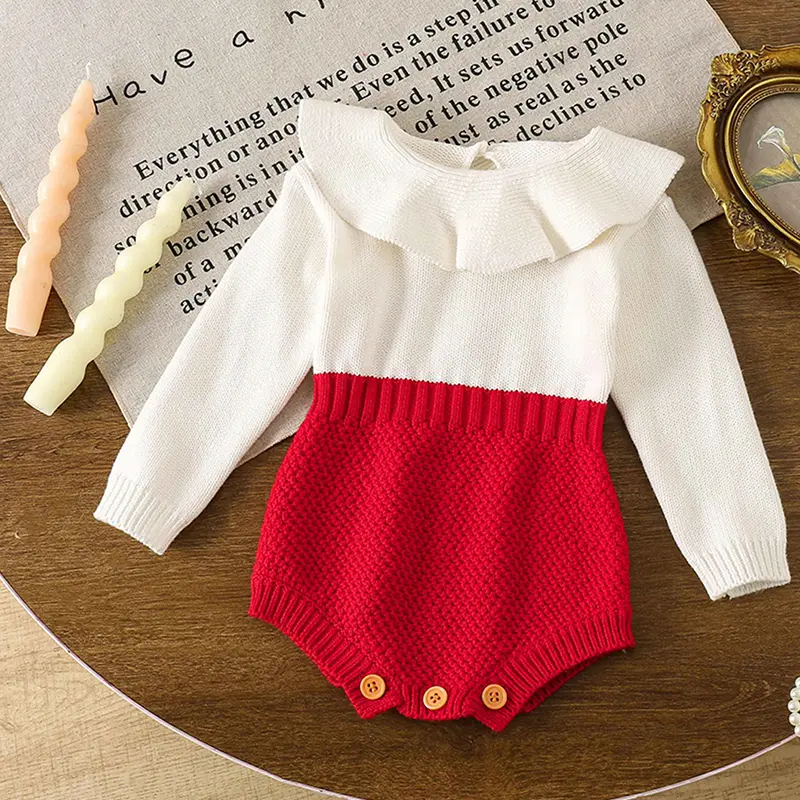 Autumn Kids Romper Red Baby Girl Long Sleeve Knitting Romper Christmas Clothes Newborn Girls Patchwork Jumpsuit Clothes Outfit